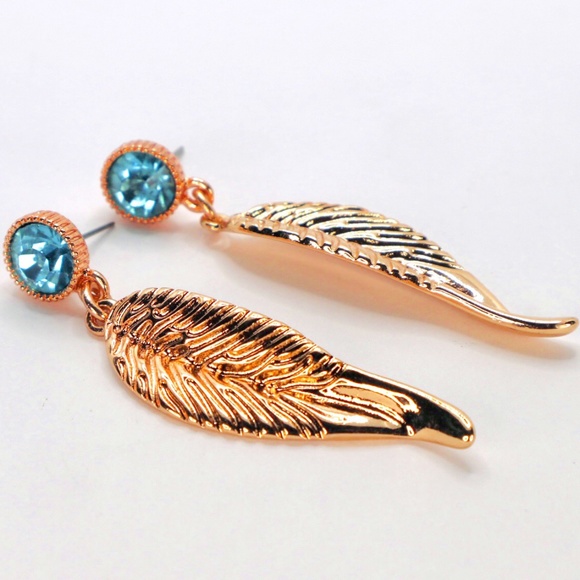 Rose Gold Angel Wings Feathers Turquoise Blue Crystal Dangle Drop Earrings - Picture 1 of 3